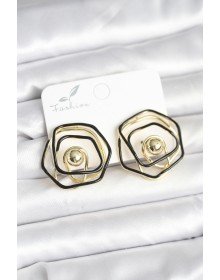 Pirinç Gold Renk Siyah Mineli Geometrik Gül Model Kadın Küpe