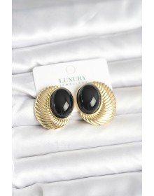 Pirinç Gold Renk Siyah Boncuklu Oval Vintage Kadın Küpe