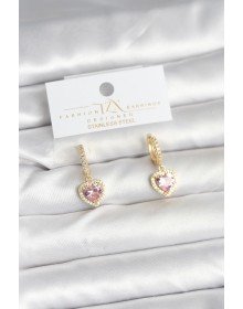 Pirinç Gold Pembe Renk Zirkon Taşlı Kalp Model Kadın Küpe