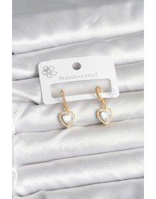 Pirinç Gold Renk Zirkon Taşlı Kalp Model Kadın Küpe