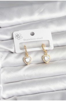 Pirinç Gold Renk Zirkon Taşlı Kalp Model Kadın Küpe