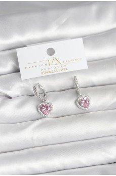 Pirinç Gümüş Pembe Renk Zirkon Taşlı Kalp Model Kadın Küpe