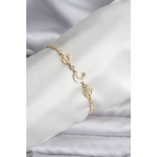 Charmlı Model Zirkon Taşlı Gold Renk Su Yolu Kadın Bileklik