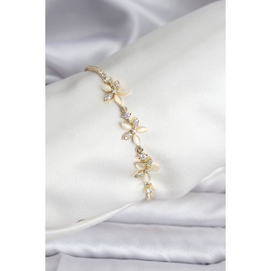 Çiçek Model Zirkon Taşlı Gold Renk Pirinç Su Yolu Kadın Bileklik