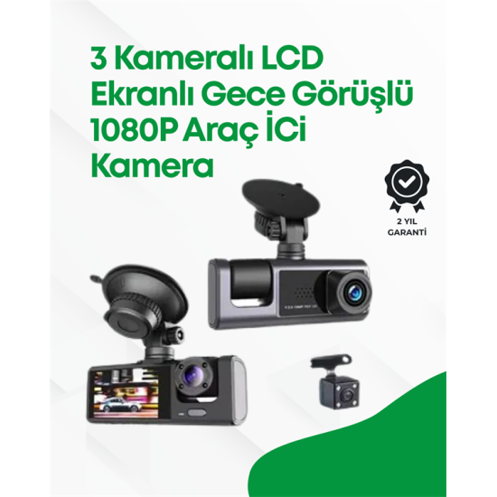 2.0” LCD Ekranlı, Döngüsel Kayıt Özellikli Üç Kameralı Oto Kamera