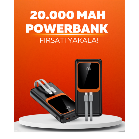 20.000 mAh Powerbank – 22.5W Hızlı Şarj, Çok Kablolu, Dijital Göstergeli