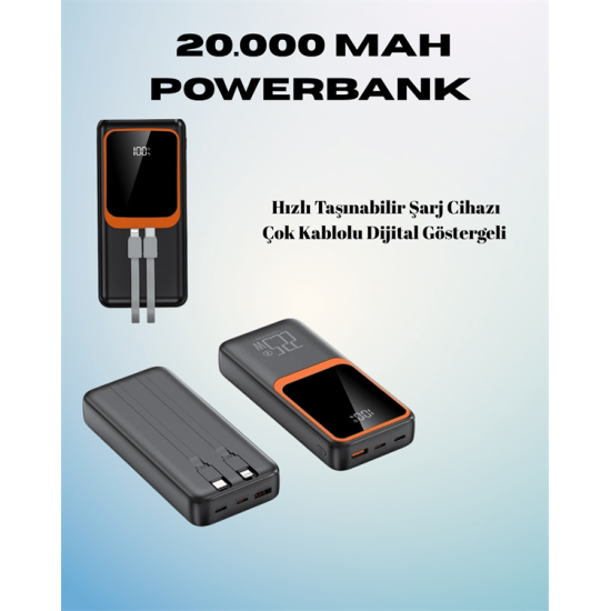 20000 mAh Powerbank | Çok Kablolu, Dijital Göstergeli, Yüksek Hızlı Şarj Cihazı