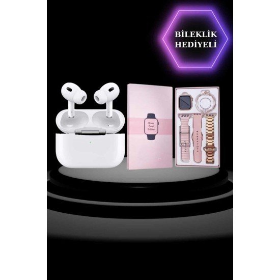 3 Kordonlu Pembe Amoled Ekran Akıllı Saat ve Yeni Nesil Pro Kablosuz Bluetooth Kulaklık ANC/ENC