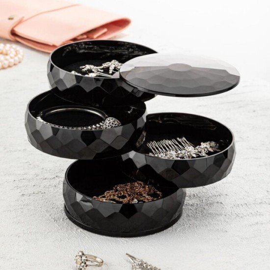 360 Derece Dönebilen 4 Katlı Takı - Toka - Küpe-Bileklik Organizer - Siyah 360 Derece Dönebilen 4 Katlı Takı - Toka - Küpe-Bileklik Organizer - Siyah