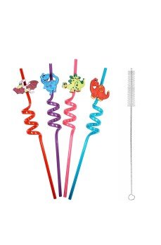 5 Parça Renkli Pipet Seti - Emojili Spiral Kokteyl- Çocuk Pipeti Temizleme Fırçalı