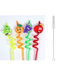 5 Parça Renkli Pipet Seti - Emojili Spiral Kokteyl- Çocuk Pipeti Temizleme Fırçalı