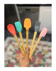 5'li Renkli Ahşap Saplı Silikon Uçlu Spatula Fırçalı Kaşık Seti -Yemek Hazırlık Seti 21 Cm
