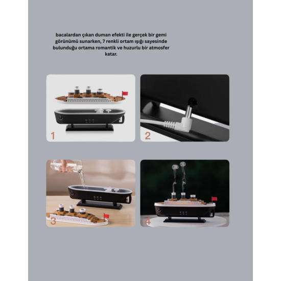 Buhar Efektli Titanik Gemi Oda Kokusu Difüzör LED Işıklı Nemlendirici