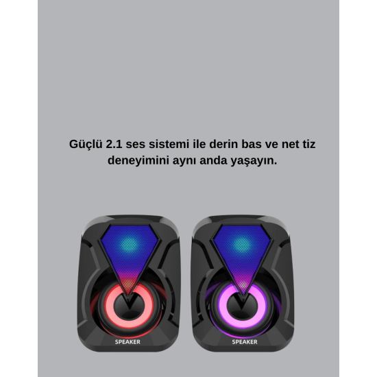 2.1 USB Bağlantılı Oyun Hoparlörü Renkli LED Işıklı