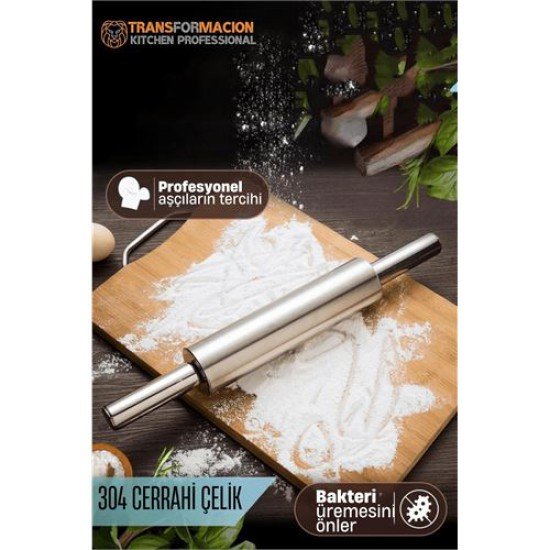 Çelik Merdane - Profesyonel Hamur Açma Merdanesi - 304 Paslanmaz Çelik Mutfak Merdanesi