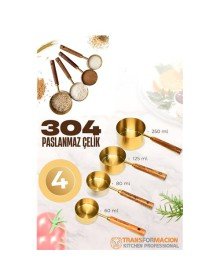 4 lü Ölçü Kabı 304 Paslanmaz Çelik Masif Ahşap Saplı