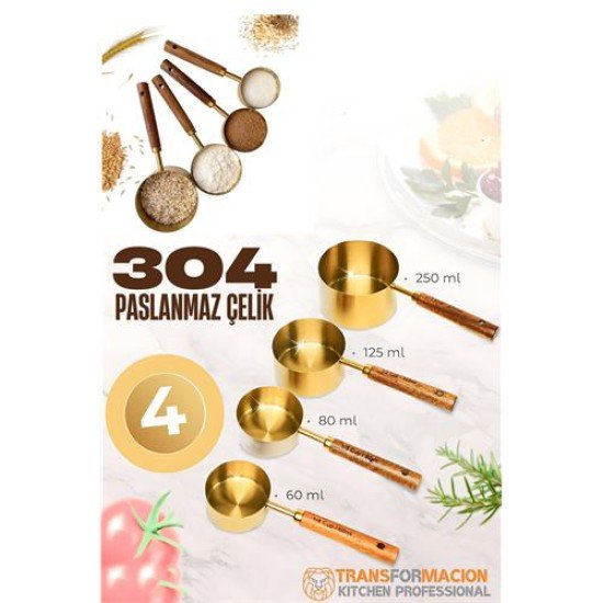 4 lü Ölçü Kabı 304 Paslanmaz Çelik Masif Ahşap Saplı 4 lü Ölçü Kabı 304 Paslanmaz Çelik Masif Ahşap Saplı