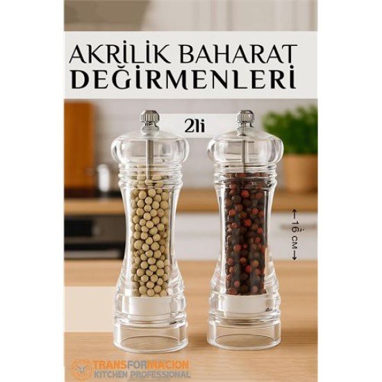 Baharat Öğütücü - Baharat Karabiber Tuz Değirmeni Ahşap Akrilik Kristal 2 li SET