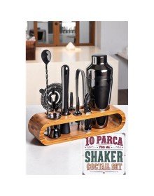 Shaker Kokteyl Set - 10 Parça 750 ML Shaker Coctail Set  Bambu Standlı