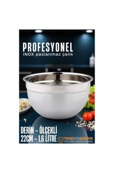 Inox Ölçekli Derin Kase  - 22 Cm 1.6 Litre Karıştırma Kabı Profesyonel 304 Paslanmaz Çelik