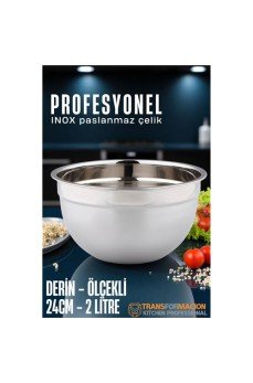 Inox Ölçekli Derin Kase  - 24 Cm 2 Litre Karıştırma Kabı Profesyonel 304 Paslanmaz Çelik