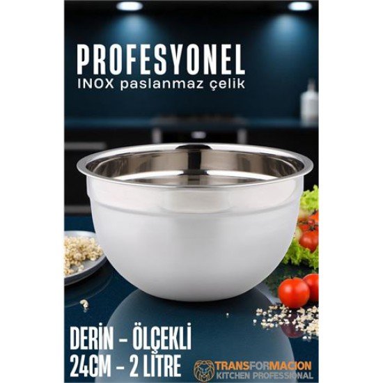 Inox Ölçekli Derin Kase - 24 Cm 2 Litre Karıştırma Kabı Profesyonel 304 Paslanmaz Çelik Inox Ölçekli Derin Kase - 24 Cm 2 Litre Karıştırma Kabı Profesyonel 304 Paslanmaz Çelik