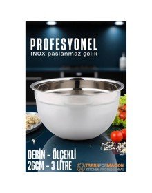 Inox Ölçekli Derin Kase  - 26 Cm 3 Litre Karıştırma Kabı Profesyonel 304 Paslanmaz Çelik
