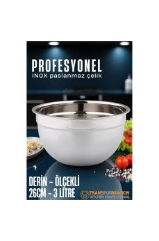 Inox Ölçekli Derin Kase  - 26 Cm 3 Litre Karıştırma Kabı Profesyonel 304 Paslanmaz Çelik
