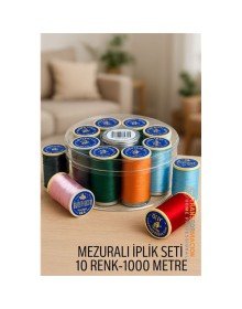Dikiş İpliği Seti - 10 Renk 1000 Mt Kutulu Mezuralı Dikiş Seti