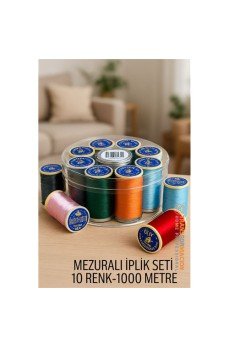 Dikiş İpliği Seti - 10 Renk 1000 Mt Kutulu Mezuralı Dikiş Seti