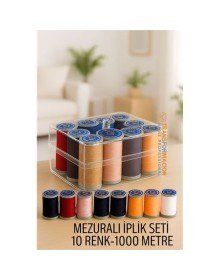 Dikiş İpliği Seti - 10 Renk 1000 Mt Kutulu Mezuralı Dikiş Seti