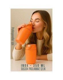 Inox Çelik Kahve Bardağı - 350 ml  SUS304 Çelik Termos Profesyonel TURUNCU