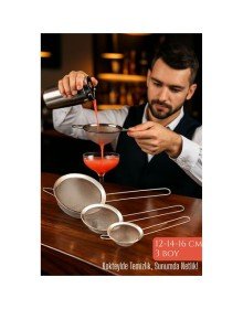 3’lü Bar Süzgeci Seti – 12-14-16 cm Çaplı Paslanmaz Çelik | Kokteyl ve Mutfak İçin