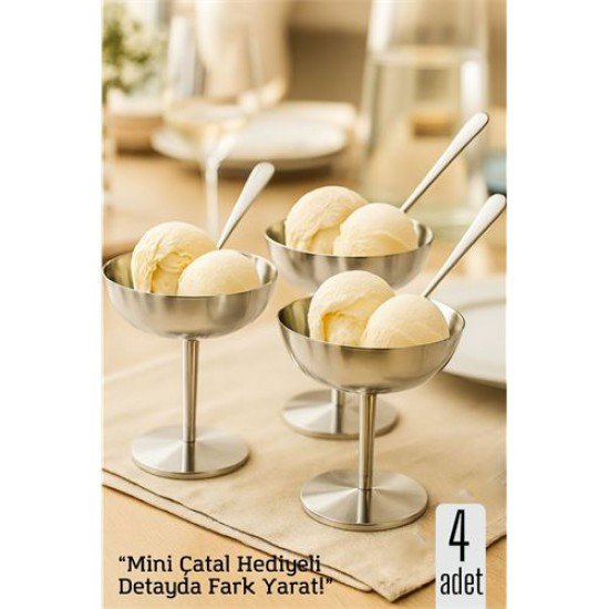 4 lü Gümüş Inox Çelik Ayaklı Dondurma ve Sunum Kasesi – Tatlı, Lokum ve Sunum Kabı 4 lü Gümüş Inox Çelik Ayaklı Dondurma ve Sunum Kasesi – Tatlı, Lokum ve Sunum Kabı