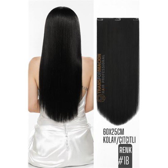 Doğal Görünümlü Düz Siyah Sentetik Kaynak Saç – RENK KOD:#1B  Kolay Tak Çıkar, Işıltılı Etki!