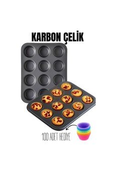12 li Muffin Kalıbı Teflon Çelik 100 Muffin Kağıtlı