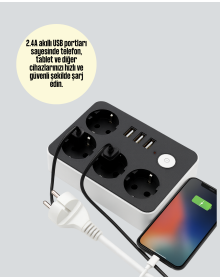 3 USB Çıkışlı 4’lü Akıllı Priz 2500W 2 Metre Kablo