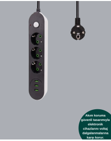2 Metre Kablolu 3 USB Portlu Anahtarlı Üçlü Priz
