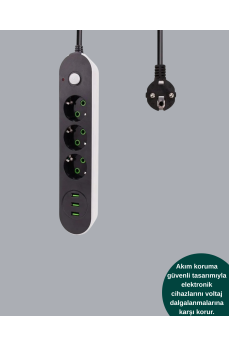 2 Metre Kablolu 3 USB Portlu Anahtarlı Üçlü Priz 2 Metre Kablolu 3 USB Portlu Anahtarlı Üçlü Priz