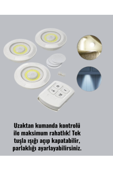 Çok Amaçlı Kullanım İçin Kablosuz Yapışkanlı 3 Lü Uzaktan Kumandalı Led Spot Lamba