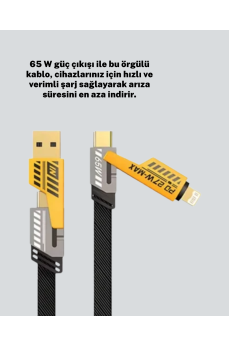 Yüksek Hızlı 65W Güç Çıkışlı Çoklu Cihaz Uyumlu Şarj Kablosu
