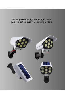 77 LED'li Güneş Enerjili Güvenlik Lambası ve Kukla Kamera – Hareket Sensörlü, 2400mAh Pilli 77 LED'li Güneş Enerjili Güvenlik Lambası ve Kukla Kamera – Hareket Sensörlü, 2400mAh Pilli