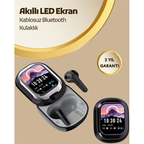 Akıllı Ekranlı Bluetooth 5.4 Kablosuz Kulaklık – Dokunmatik ve Şarj Kutulu