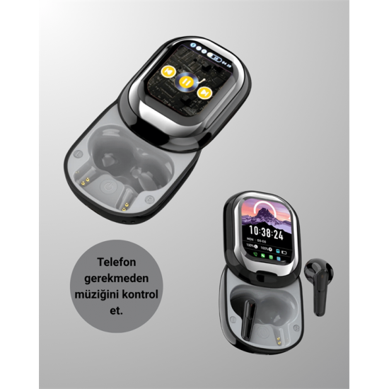 Akıllı Ekranlı Bluetooth 5.4 Kablosuz Kulaklık – Dokunmatik ve Şarj Kutulu