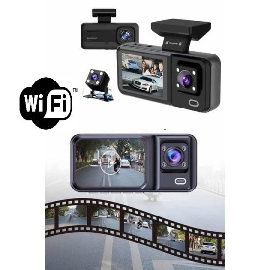 Araç Kamerası - 3 Kameralı Wifi Ön , İç ve Arka Full HD DVR Araç İçi Ekranlı Kamera