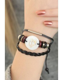 Siyah Renk Elif Vav Tasarım Çoklu Deri Bayan Bileklik