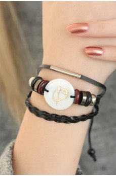 Siyah Renk Elif Vav Tasarım Çoklu Deri Bayan Bileklik
