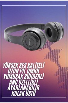 Bluetooth Kablosuz Kulaklık Siyah Wireless 5.0 Kulak Üstü Uzun Pil Ömrü