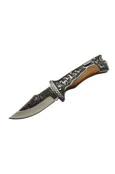 Columbia A3189C Kahve Kamp Çakısı 23cm- Manuel, At İşlemeli Ahşap Sap, Özel Kutulu, Kılıflı