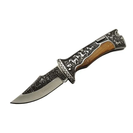 Columbia A3189C Kahve Kamp Çakısı 23cm- Manuel, At İşlemeli Ahşap Sap, Özel Kutulu, Kılıflı